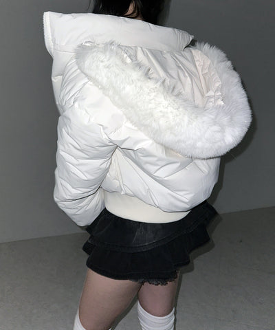 【 フード取り外し可能２ＷＡＹ 】フェイクファーフードショート中綿ジャケット ／ 2WAY fake fur hoodie short fake down jacket
