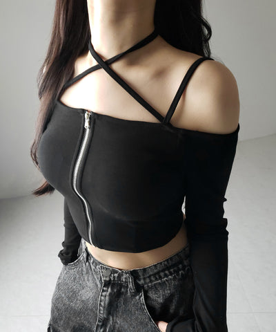 【 ３color ／ カップ付 】フロントジップクロスストラップオフショルトップス ／ front zip cross straps off-shoulder tops