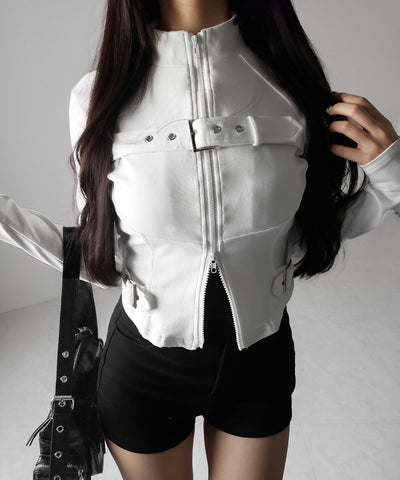 スタンドカラーベルテッドダブルジップスリムトップス ／ stand collar belted double zip slim tops