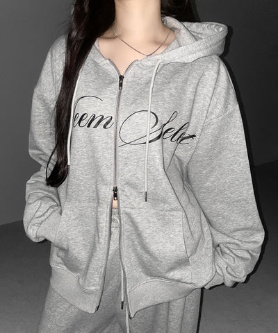 【 セットアップ可能 】レタリングロゴプリントダブルジップビッグパーカー ／ lettering logo print double zip BIG hoodie