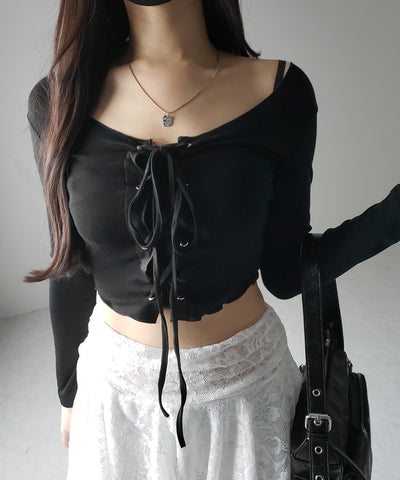 【 ３color 】レースアップフロントリボンショートスリムトップス ／ lace up front ribbon short slim tops