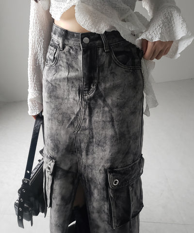 【 ３SIZE 】クラッシュブリーチセンタースリットカーゴデニムスカート ／ crash bleach center slit cargo denim skirt