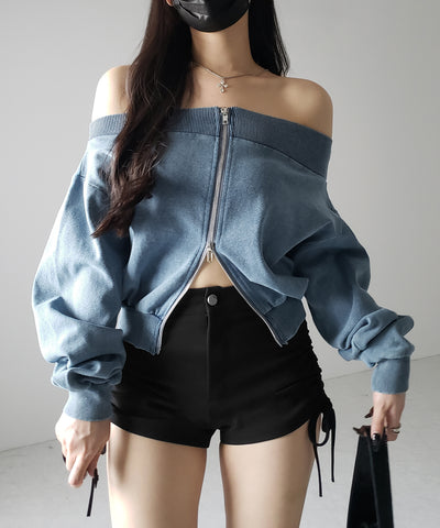 【 ２color 】ダブルジップピグメントオフショルスウェットトップス ／ double zip pigment off shoulder sweat tops