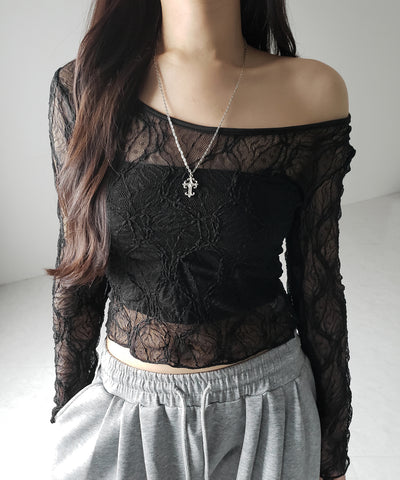 【 ２color ／２WAY 】ワンショルルーズシアーレーストップス ／ one shoulder loose sheer lace tops