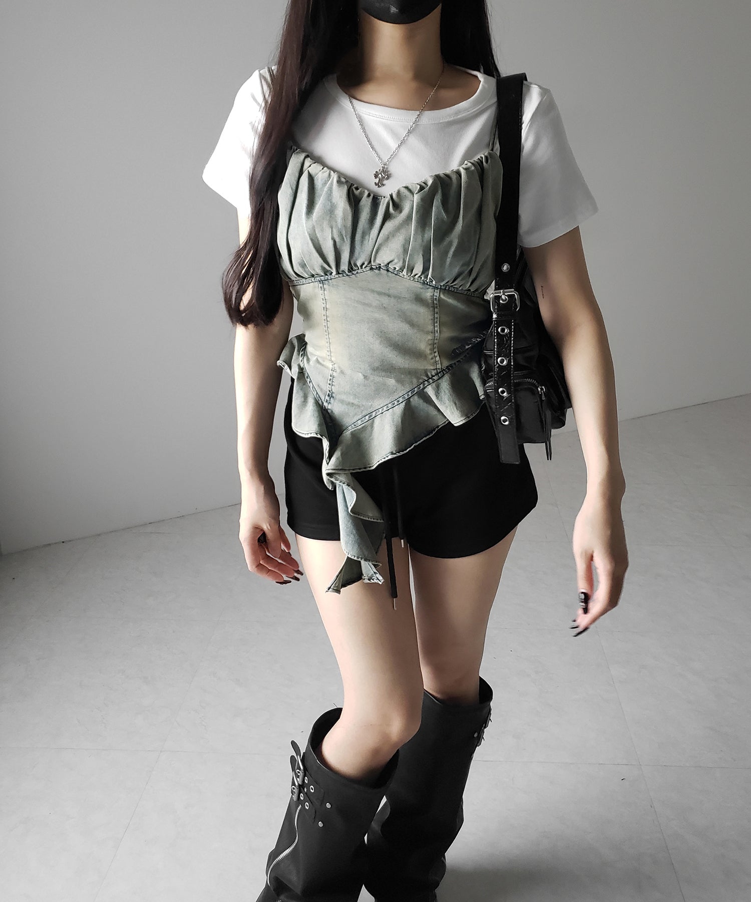 【 ２点セット 】ヴィンテージデニムビスチェ ＆ 半袖レイヤードＴシャツセット ／ vintage denim bustier & short sleeve layered Ｔ-shirts set