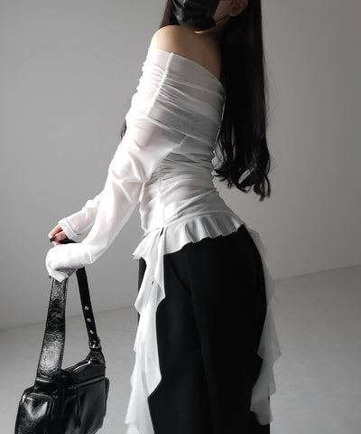 【 ２color 】アシンメトリーフリルオフショルシアートップス ／ asymmetrical frill off-shoulder sheer tops