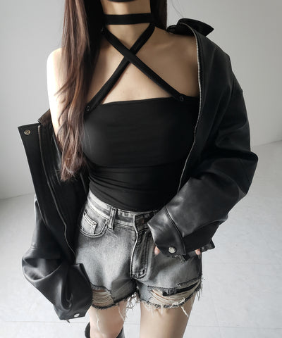 【 ３color ／ カップ付 】ロングチョーカークロスネックキャミソール ／ long choker cross neck camisole