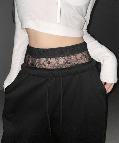 ウエストレースレイヤードスウェットパンツ ／ waist lace layered sweat pants