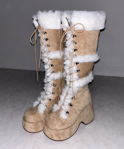 厚底レースアップムートンロングブーツ ／ platform laceup mouton long boots