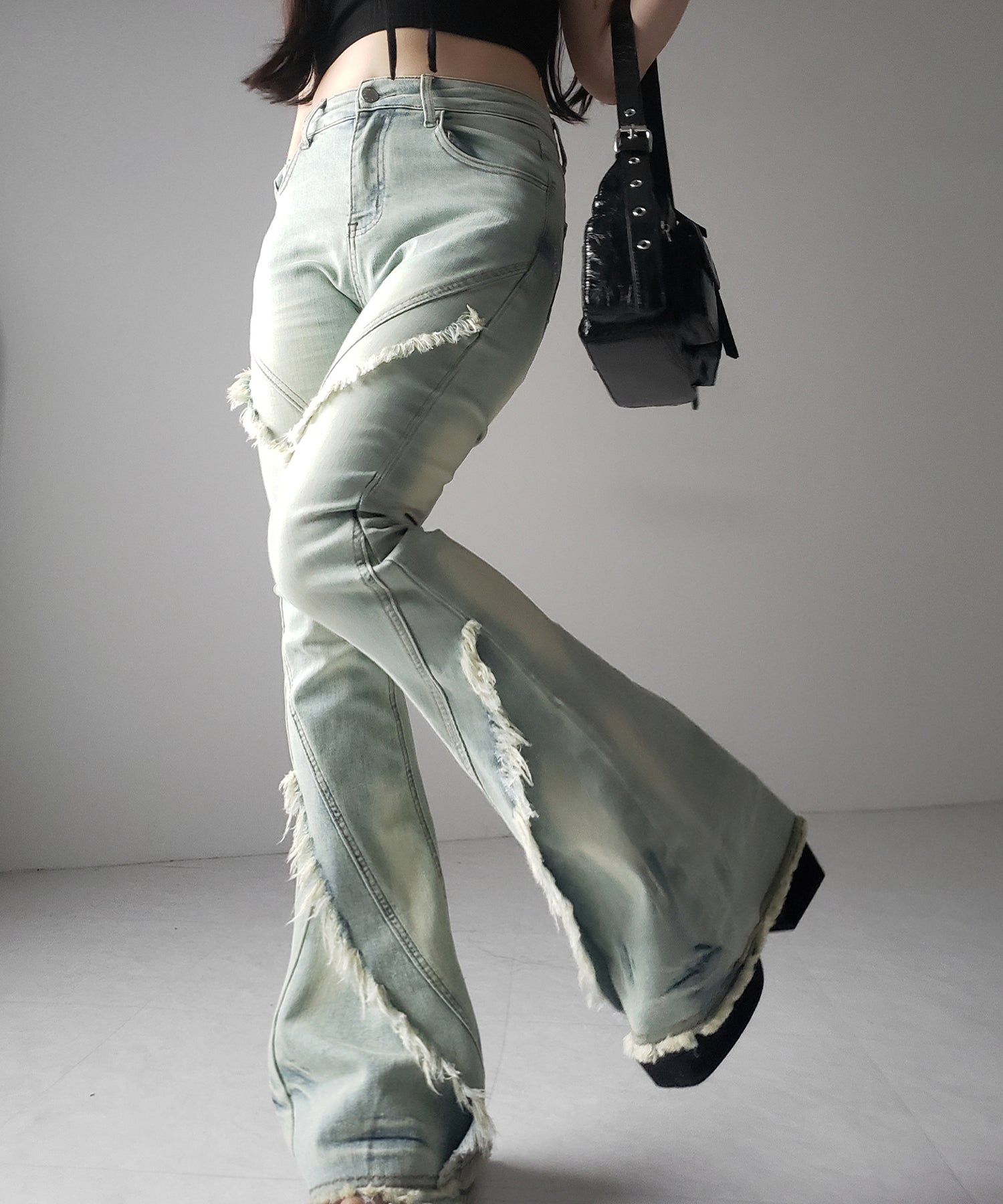 【 ２color ／ ４size 】フリンジデザインヴィンテージライクストレッチフレアデニム ／ fringe design vintage-like stretch flare denim