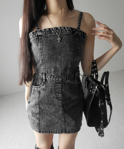 【 セットアップ着用可能 】ヴィンテージケミカルブリーチストラップデニムキャミワンピース ／ vintage chemical bleach strap denim cami onepiece