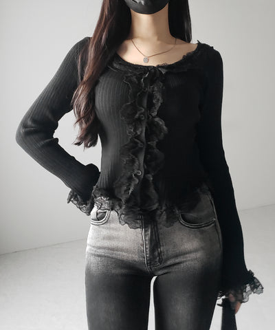 【 ３color 】レースフリルドッキングリブニットカーディガン ／ lace frill docking rib knit cardigan