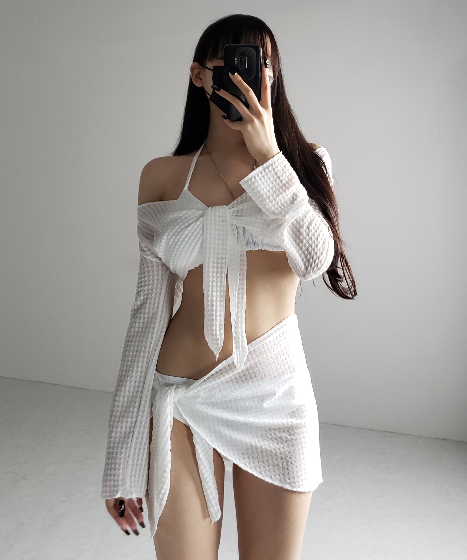 【 レディース水着／４点セット 】アシンメトリーラップレイヤードパレオハイウエストビキニ ／ ( 4piece set ) asymmetrical wrap layered pareo high waist bikini