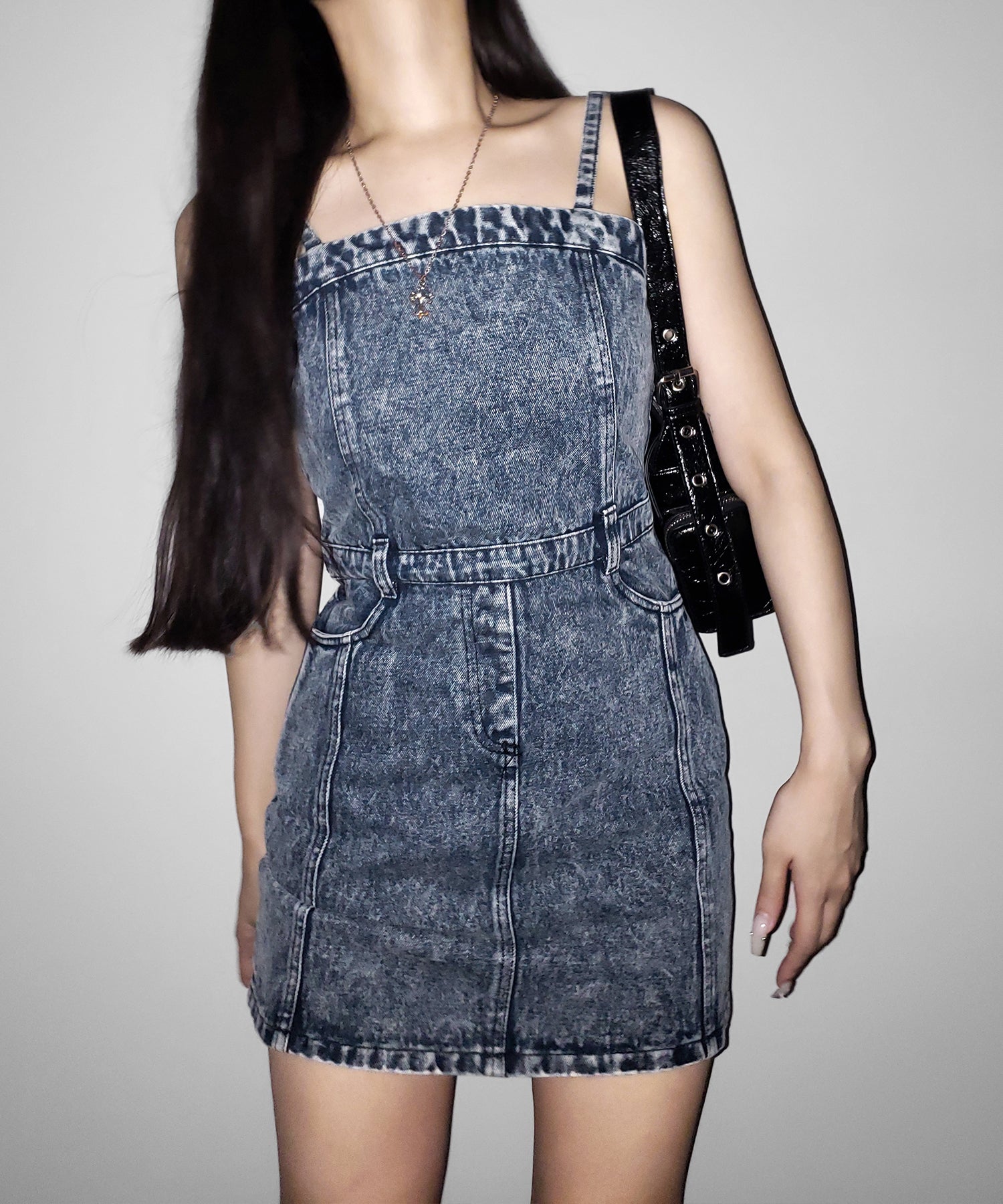 【 セットアップ着用可能 】ヴィンテージケミカルブリーチストラップデニムキャミワンピース ／ vintage chemical bleach strap denim cami onepiece