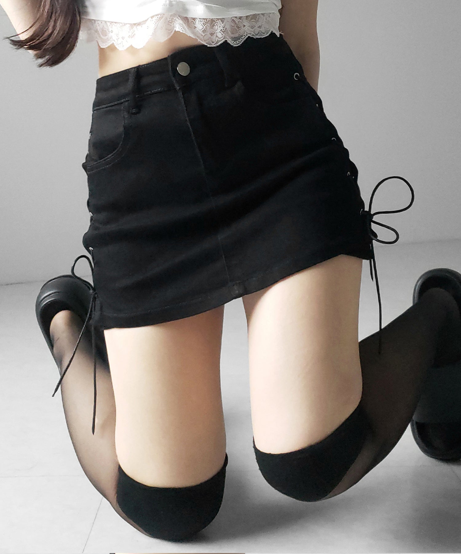 レースアップストレッチデニムミニスカパン ／ lace up stretch denim mini skirt pants