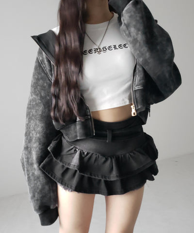 【 ２color 】ベルテッドフリルヴィンテージデニムミニスカパン ／ Belted frill vintage denim mini skirt pants