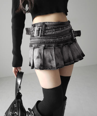 【 インパン裏地付 】ダブルベルトヴィンテージデニムプリーツミニスカート ／ double belt vintage denim pleats mini skirt