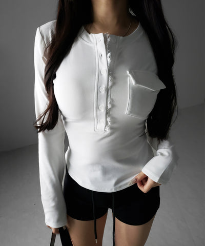 【 裏起毛 】レースドッキングヘンリーネックトップス ／ lace docking henley neck tops