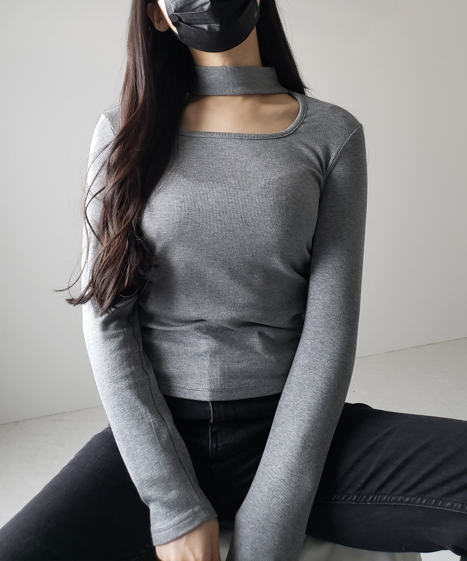 【 ３color ／ 裏起毛 】スクエアネックチョーカーシャーリングトップス ／ square neck choker shirring tops