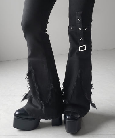 クロスデザインヴィンテージライクフリンジストレッチフレアデニム ／ cross design vintage-like fringe stretch flare denim