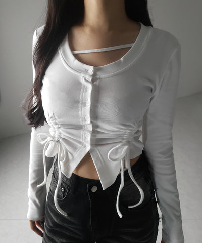 【 ２color ／ 裏起毛 】ナナメストラップダブルシャーリングリボントップス ／ naname strap double shirring ribbon tops