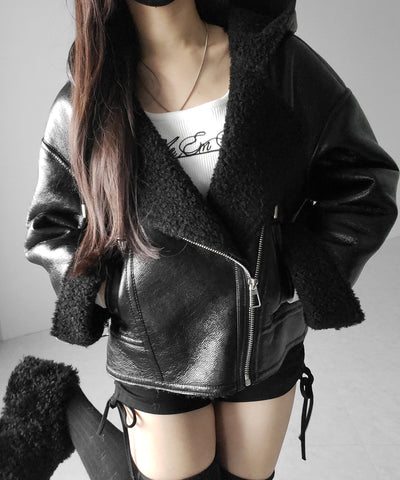 ヴィンテージレザーフーディボアムートンジャケット ／ vintage leather hoodie boa mouton jacket