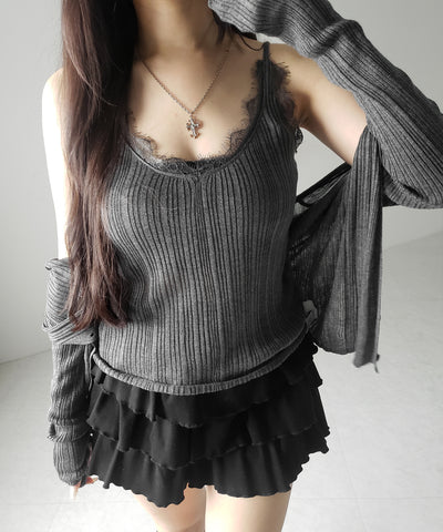 【 ２点セット 】レースニットキャミソール ＋ シアーニットカーディガン SET ／ lace knit camisole + sheer knit cardigan SET