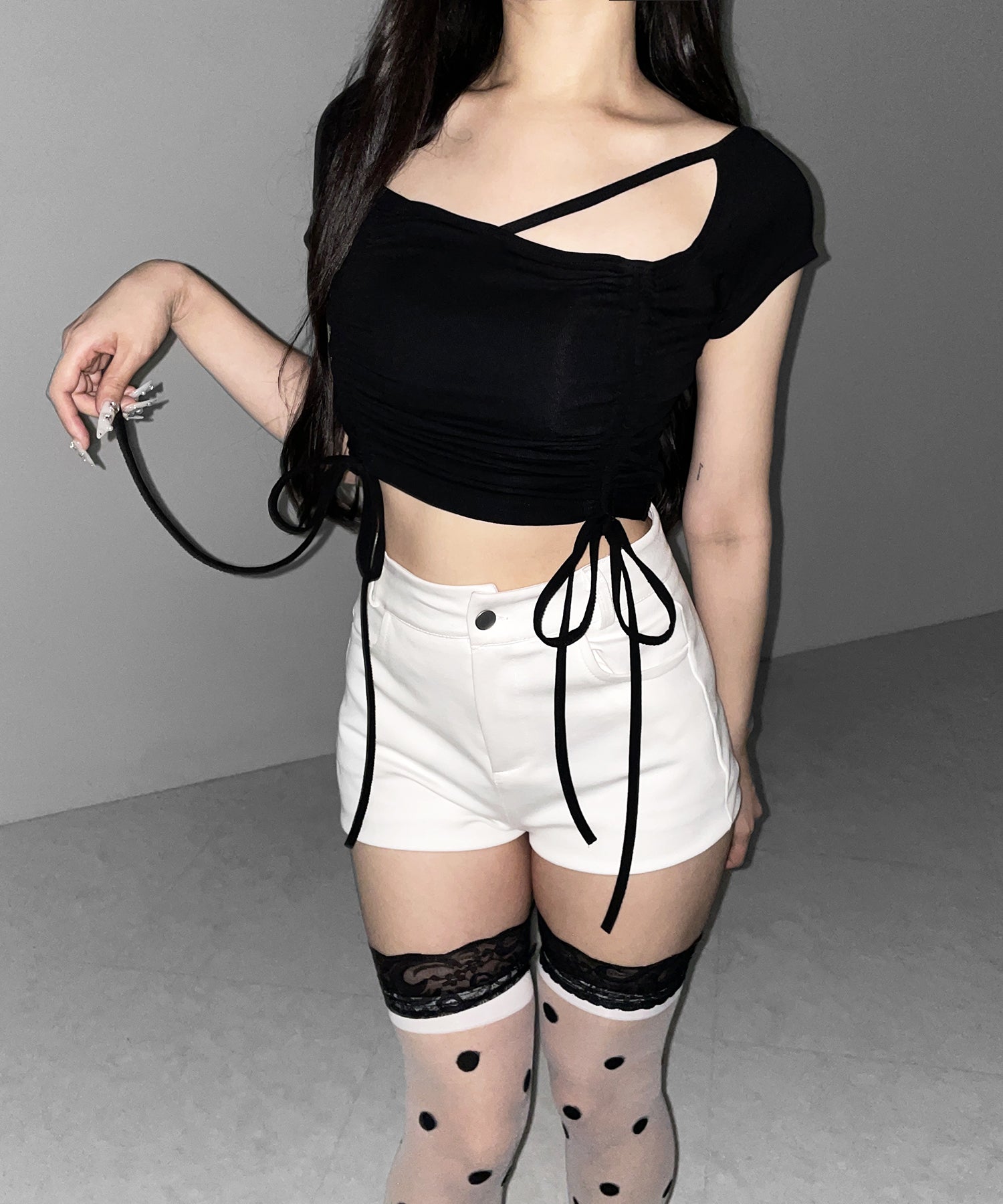 ダブルシャーリングリボンストラップＴシャツ ／ double shirring ribbon strap T-shirts