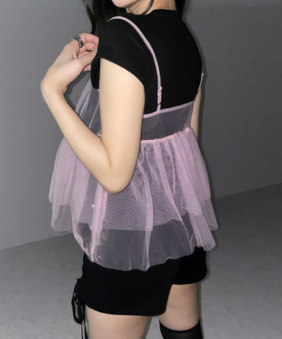 フロントリボンチュールキャミソール ／ front ribbon tulle camisole