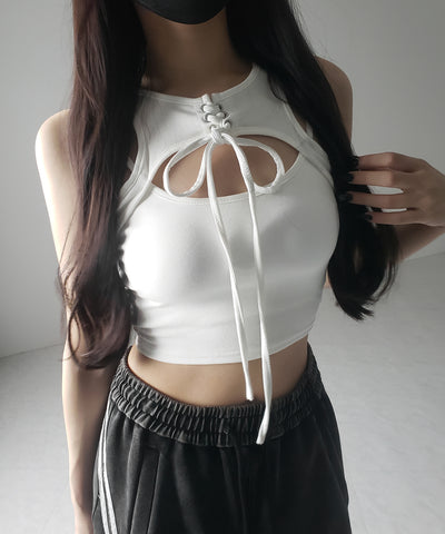 【 ２color 】レースアップリボンカットアウトリブショートタンク ／ laceup ribbon cutout rib short tank