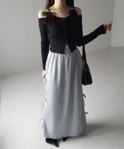 【 ２color 】３ストラップサイドリボンロングスウェットスカート／ three strap side ribbon long sweat skirt