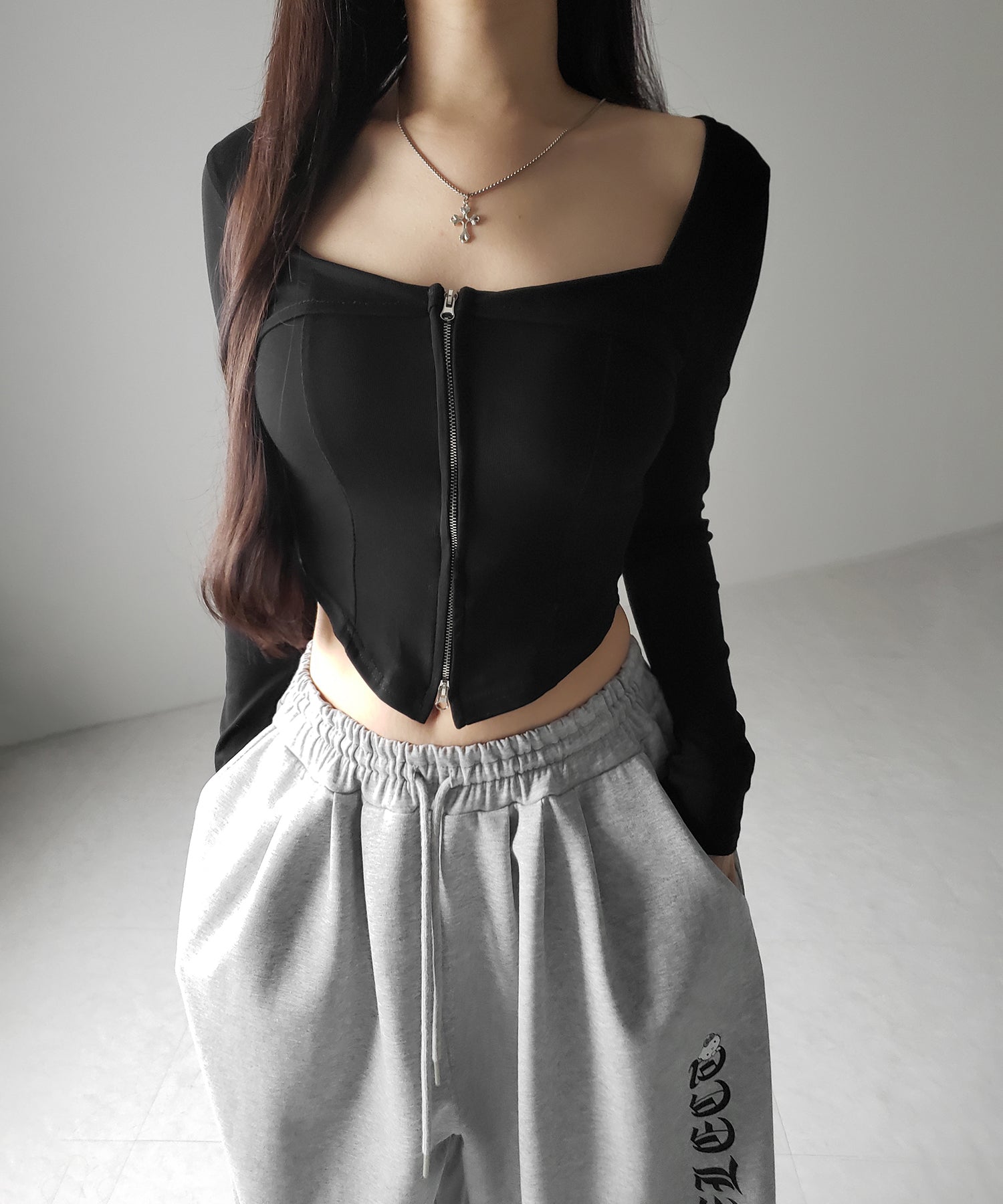 【 ２color 】ダブルジップコルセットスクエアネックロンＴ ／ double zip corset square neck longsleeve T-Shirt