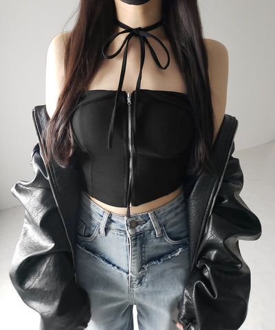 【 ２WAY／ カップ付 】ジップアップクロスストラップリボンベアトップス ／ zip up cross strap ribbon bare tops