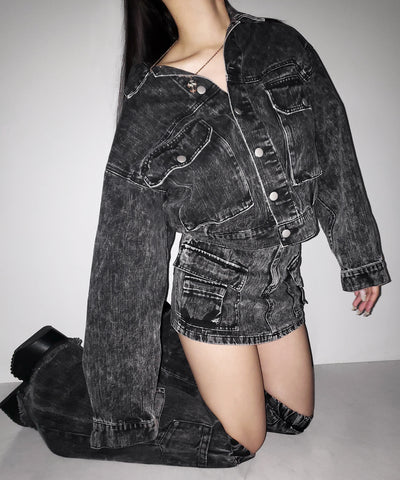 【 デニムセットアップ着用可能 】ヴィンテージケミカルブリーチカーゴデニムミニスカパン ／ vintage chemical bleach cargo denim mini skirt pants