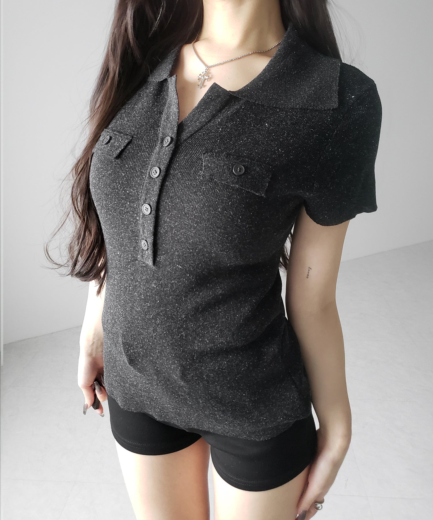 スキッパーボタンロングシアーニットトップス ／ skipper button long sheer knit tops