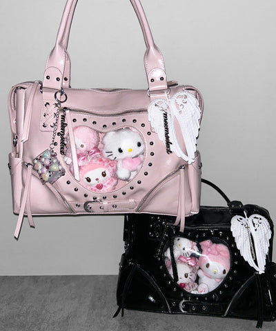 【 限定先行販売 】ハートクリアポケットスタッズフェイクレザートートバッグ ／ heart clear pocket studs fake leather tote bag