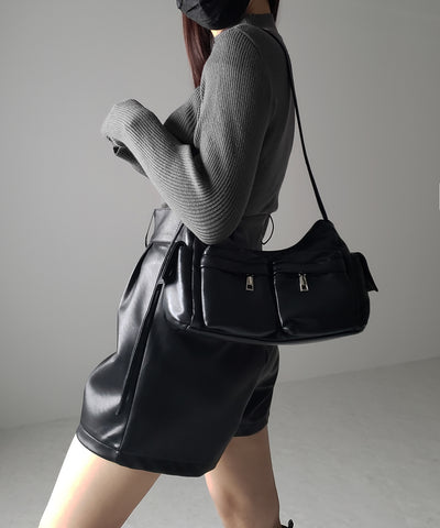 【 3color ／ ５size 】太ベルトハイウエストタックレザーショートパンツ