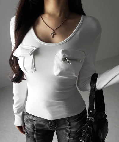 【 裏起毛 】アウトポケットオープンネックスリムトップス ／ out pocket open neck slim tops