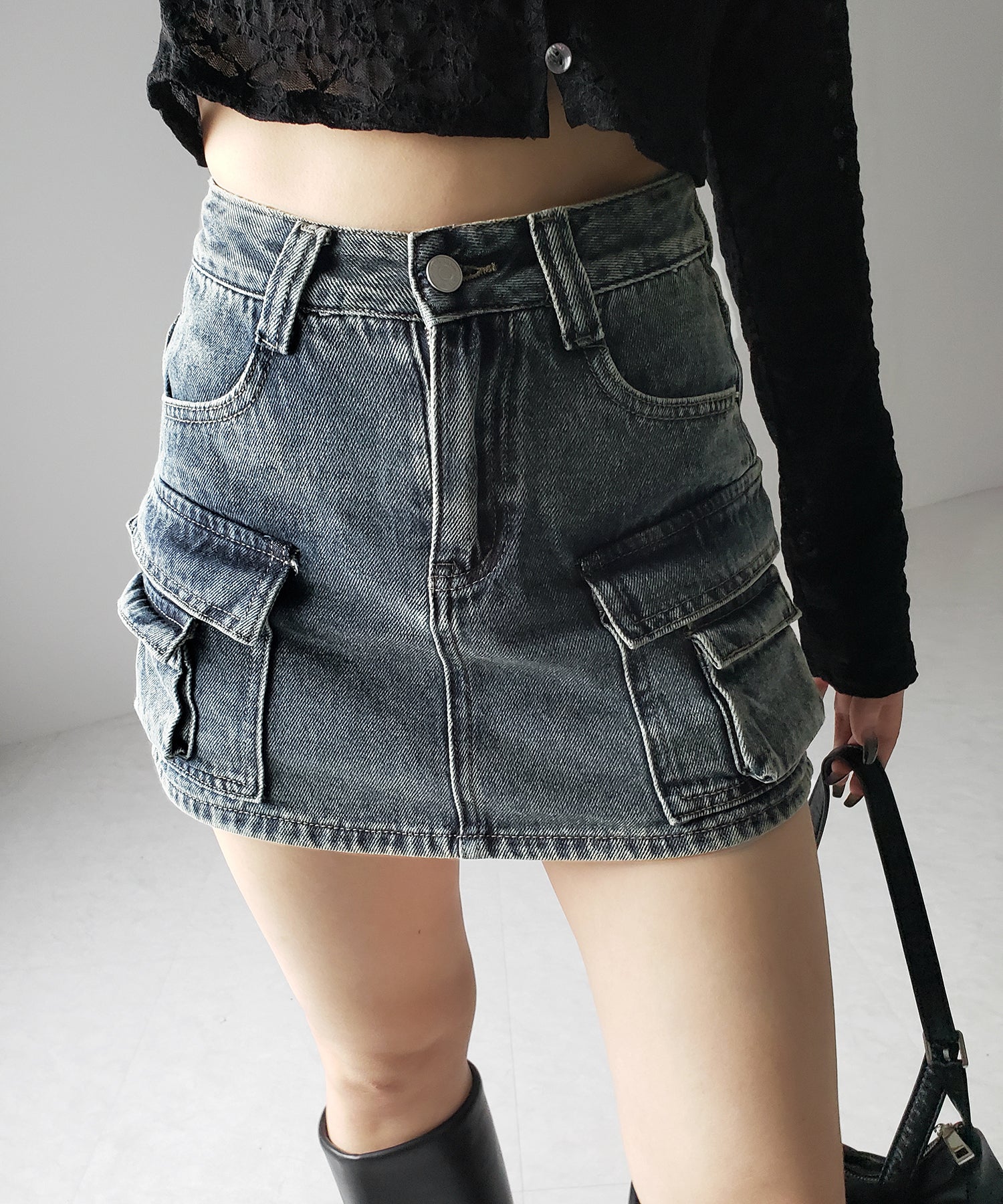 【 ３size ／ ２color 】ダブルポケットヴィンテージカーゴデニムミニスカパン ／ double pocket vintage cargo denim mini skirt pants