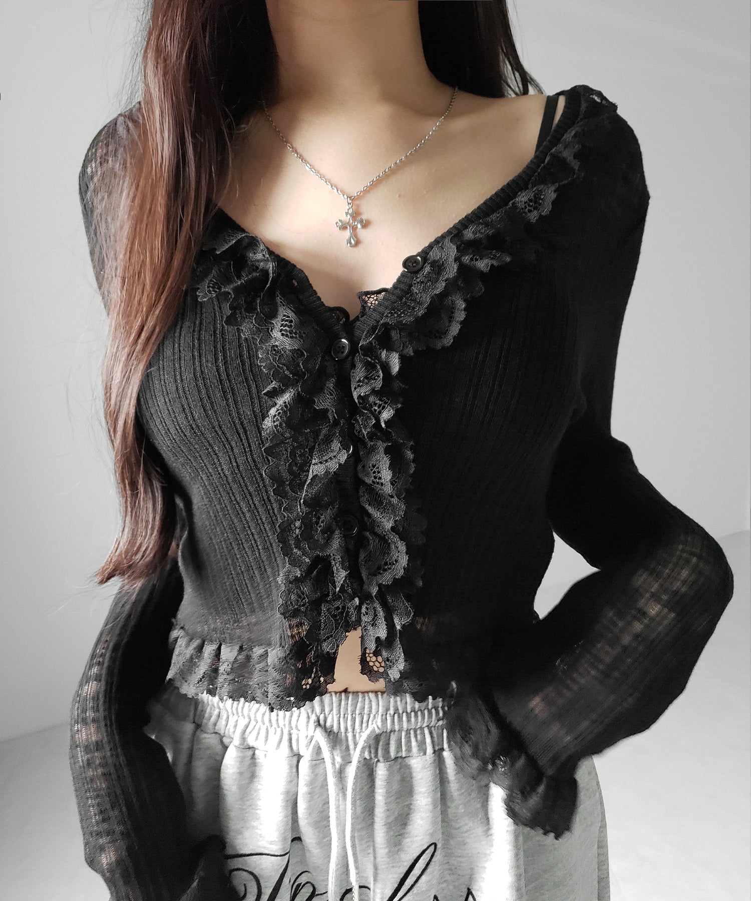 レースフリルシアーニットカーディガン ／ lace frill sheer knit cardigan