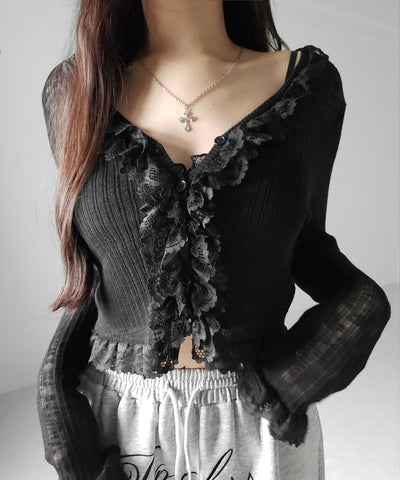 レースフリルシアーニットカーディガン ／ lace frill sheer knit cardigan