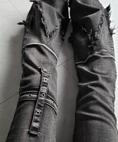 【 ２color ／ ４size 】クロスデザインヴィンテージライクフリンジストレッチフレアデニム ／ cross design vintage-like fringe stretch flare denim