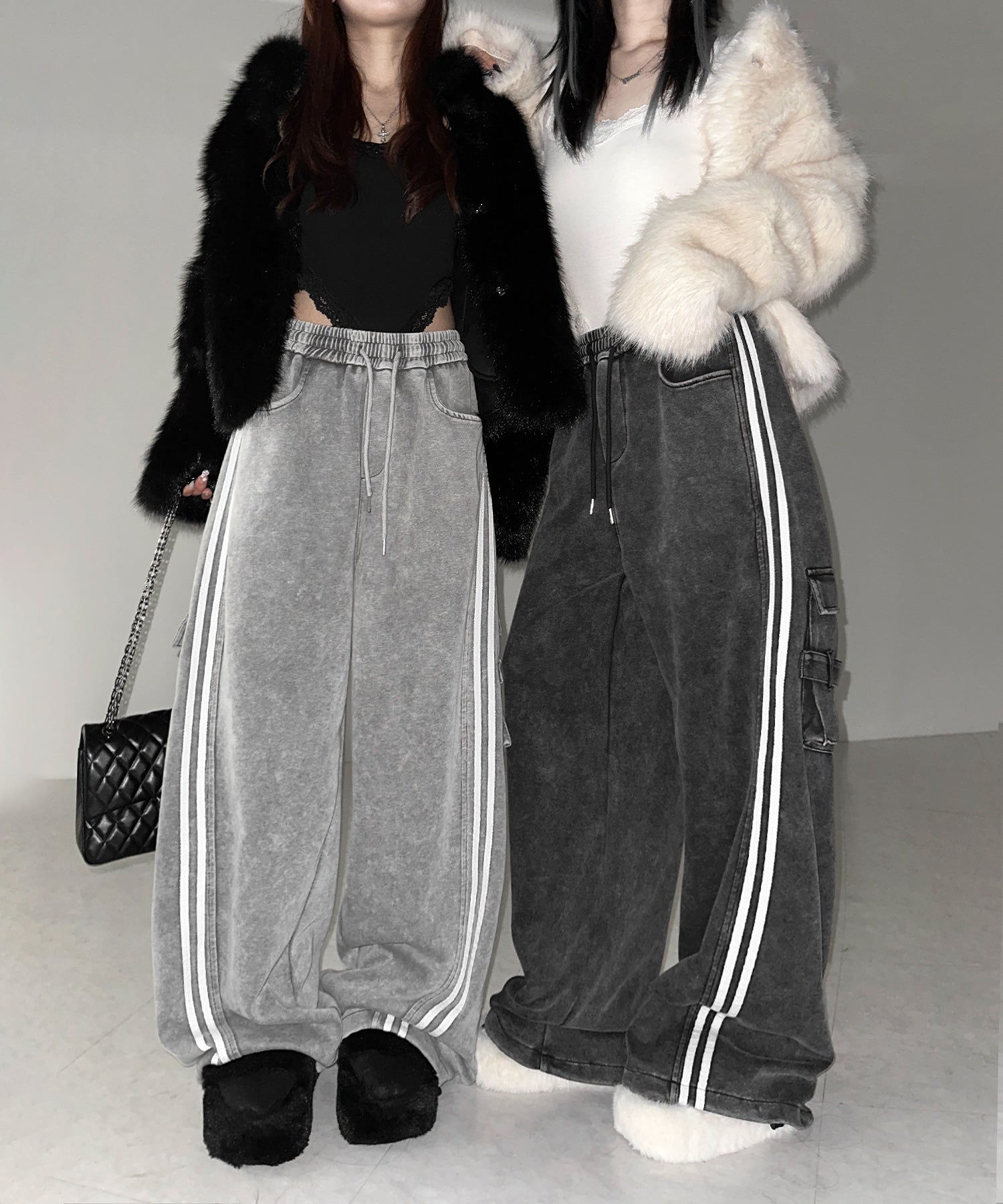 【 裾絞り可能２WAY 】サイドラインピグメントワイドカーゴスウェットパンツ ／ sideline pigment wide cargo sweatpants