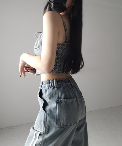 【 ２color 】レースアップリボンコルセットデニムビスチェ ／ lace up ribbon corset denim bustier