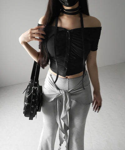 【 ３color 】チョーカーロングタイ付き　オフショルダータックギャザーＴシャツ ／ choker long tie SET offshoulder tuck gather slim T-shirt