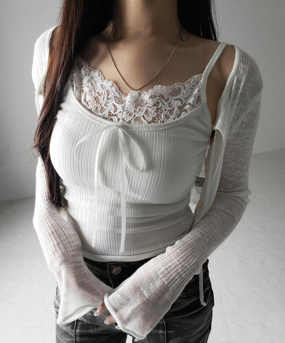 【 ３color ／ カップ付き 】フロントリボンレースドッキングキャミソール ／front ribbon lace docking camisole