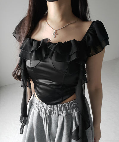 【 ２color ／ ２WAY 】シアーフリルコルセットサテンショートブラウス ／ sheer frill corset satin short blouse