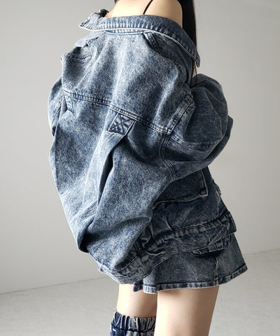 【 セットアップ着用可能 】ヴィンテージケミカルブリーチプリーツデニムミニスカート ／ vintage bleached pleated denim mini skirt