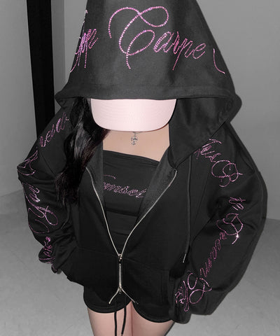【 セットアップ可能 】ラインストーンロゴダブルジップパーカー ／ Rhine stone logo double zip hoodie