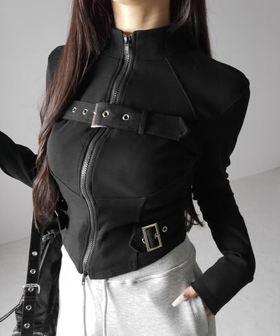 スタンドカラーベルテッドダブルジップスリムトップス ／ stand collar belted double zip slim tops